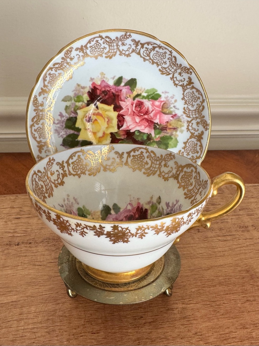 Vintage STANLEY Cabbage Rose & Gold Filigree Tea Cup & Saucer Set